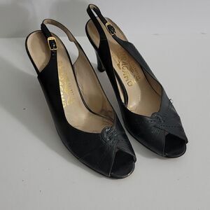 Salvatore Ferragamo Black Leather Peep toe sling backs